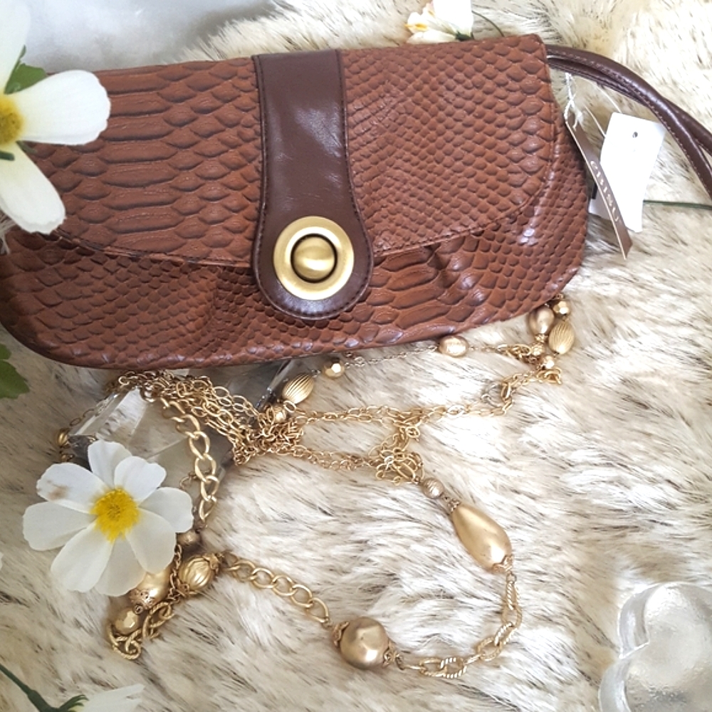 NWT🌟Vintage Ebisu🍂Brown Croc Casual Wristlet Clutch